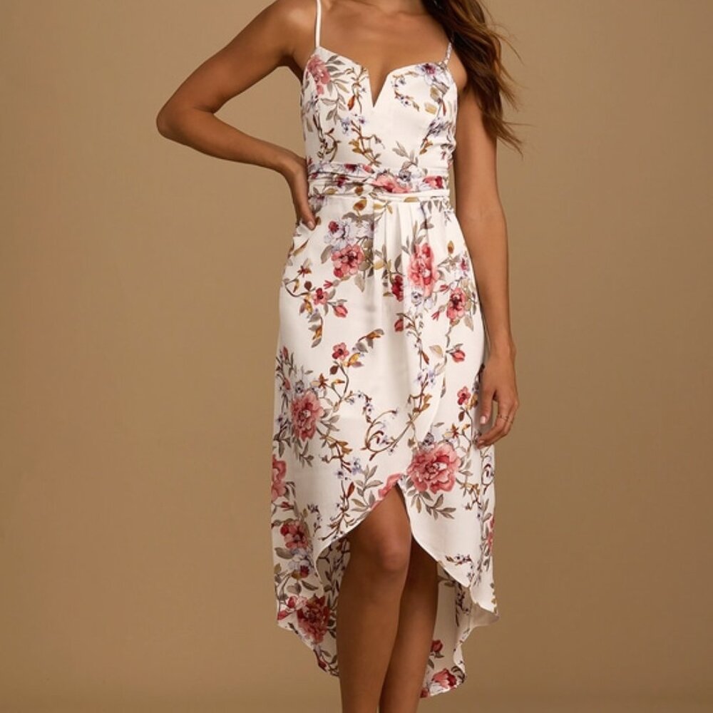 Lulus My Favorite Day Ivory Floral Print Tulip Skirt Midi Dress White - Size XS